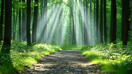 Obraz premium A tranquil forest path surrounded by fresh green leaves and wildflowers, sunlight filtering through the trees, birds chirping in the distance