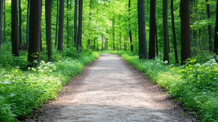 Fototapeta premium A tranquil forest path surrounded by fresh green leaves and wildflowers, sunlight filtering through the trees, birds chirping in the distance