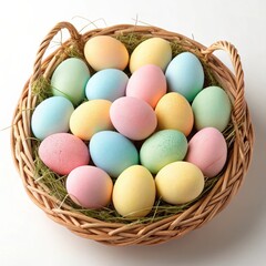 Colorful easter eggs, festive, arranged in a woven basket with grass, on a white background