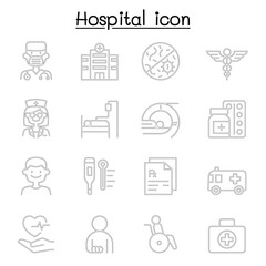 Set of Hospital related vector line icons. contains such Icons as doctor, nurse, healthcare, virus, prescription, patient, mri scaner, medicine, ambulance, wheelchair, hospital building, and more.