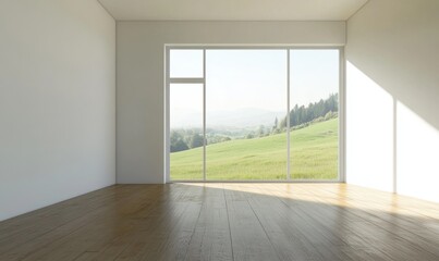 Fototapeta premium A large window in a room with a view of a green field. The room is empty and has a wooden floor