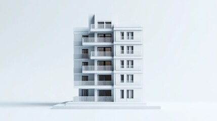 Modern apartment building model, digital rendering, 3d illustration, architecture, design, render, white background, studio shot