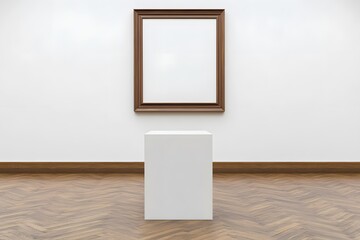 Empty Gallery Room with White Plinth and Wooden Frame