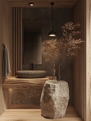 The rustic wood and stone bathroom design showcases natural beauty