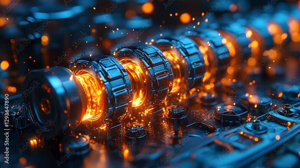 Poster energy core: a close-up view of an illuminated mechanical core, highlighting the fusion of technolog