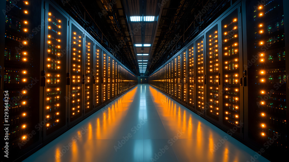 Poster data center's digital corridor: immerse yourself in a futuristic data center hallway, where rows of 