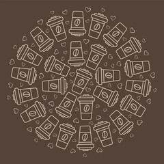 Disposable cups Coffee bean on label and hearts Circular Frame border Light on brown Coffee Day fond