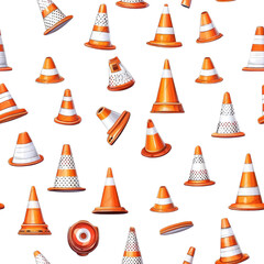 Flat style seamless pattern of traffic cones isolated on a white background. cutout png