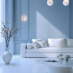Contemporary minimalist living room with white furniture and soft lighting