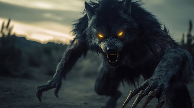 Werewolf Skinwalker with Glowing Eyes in the Night