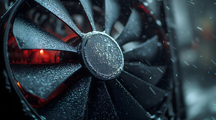 Frozen Tech: A close-up shot of a graphics card's cooling fan covered in frost, with a fiery glow illuminating the scene, highlighting the intensity of technology and the impact of cold temperature.