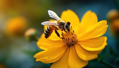 Vibrant Honeybee Harvesting Pollen from a Sunlit Yellow Blossom amidst a Lush, Buzzing Garden, showcasing Natures Wonders in Full Bloom and Busy Activity.