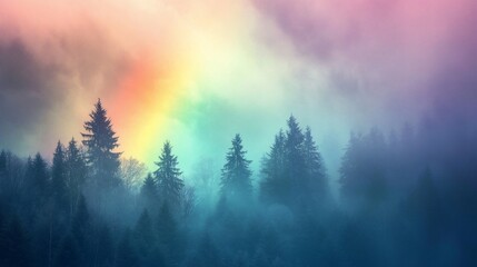 Fototapeta premium Misty forest landscape with pastel rainbow.