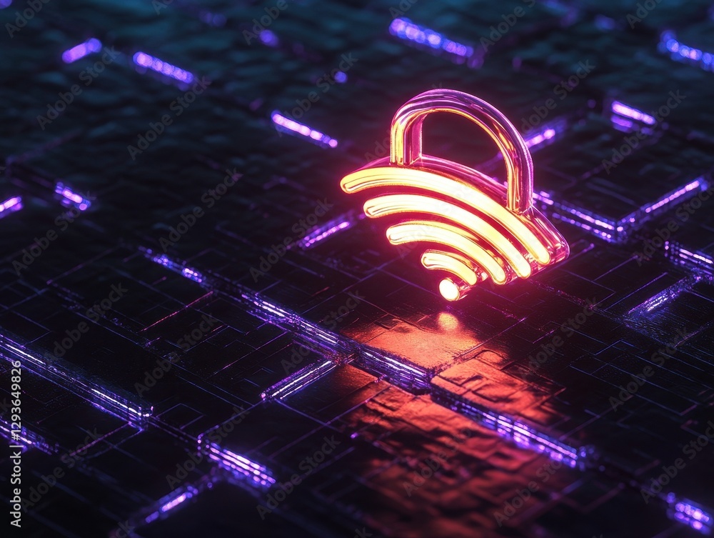 Poster Glowing Wifi Lock Symbol on Digital Circuit Board Representing Secure Network Connection
