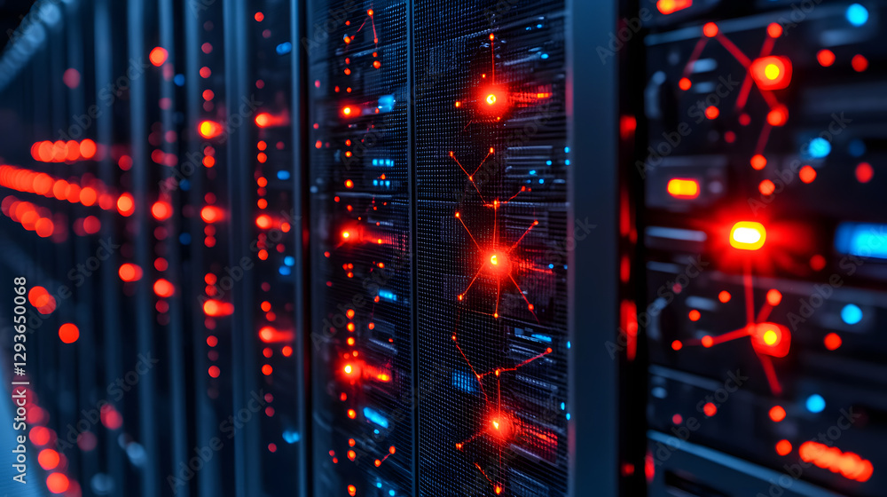 Poster server rack interior: inside a modern server room, the intricate network of data storage and process