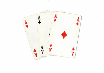 A hand of vintage playing cards isolated on a white background.