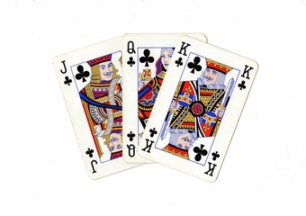 A hand of vintage playing cards isolated on a white background.