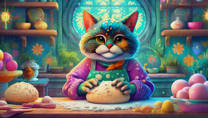 oil painting style cartoon character illustration multicolored An elderly cat prepares bread dough in the kitchen
