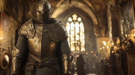 Medieval knight armor displayed in dimly lit castle gigapixel quality photography historic atmosphere