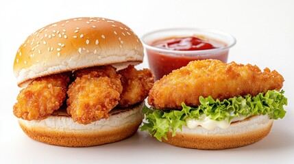 Crispy chicken burger and tenders, ketchup, white background. Food photography for menu or ads