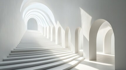 Abstract white archway stairway, light & shadow, architectural interior