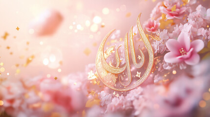 Elegant Gold Allah Calligraphy Divine Floral Design Pink Blossoms Festive Background Beautiful Islamic Art Ornate Detailed Pattern Spiritual Ramadan Kareem Celebration Soft Pastel Colors Tender Spring