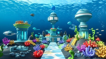 A virtual simulation of an underwater city with advanced technology.