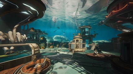 A virtual simulation of an underwater city with advanced technology.
