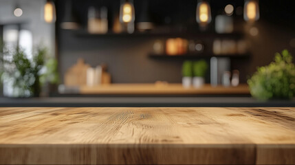 Natural wooden tabletop creates warm atmosphere in contemporary kitchen with ambient lighting and decorative plants. Generative AI