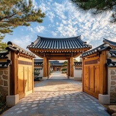 Naklejka premium A Korean traditional building opens to a beautiful cloudy sky