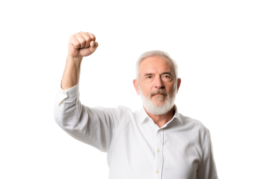 Elderly White male founder raising fist triumphantly isolated on transparent white background