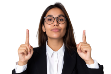 Young South Asian female manager pointing up isolated on transparent white background