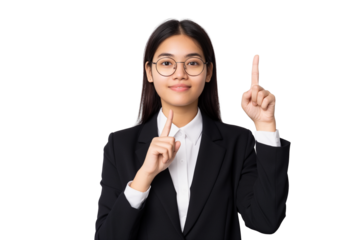 Young South Asian female manager pointing up isolated on transparent white background