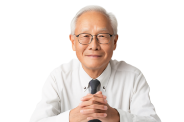 Elderly East Asian male consultant clasping hands isolated on transparent white background