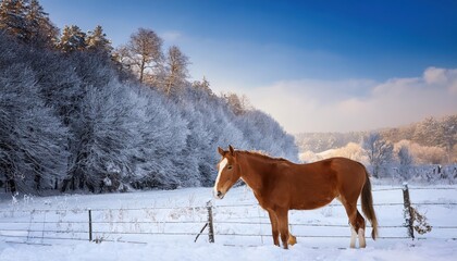 Galloping Steed Amidst Frosty Winter Landscape, Majestic Stallion Boldly Strides Through Snowy Field Under Brilliant Winter Sunlight.