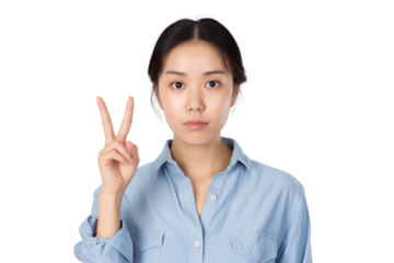 Asian female showing piece sign isolated on transparent white background