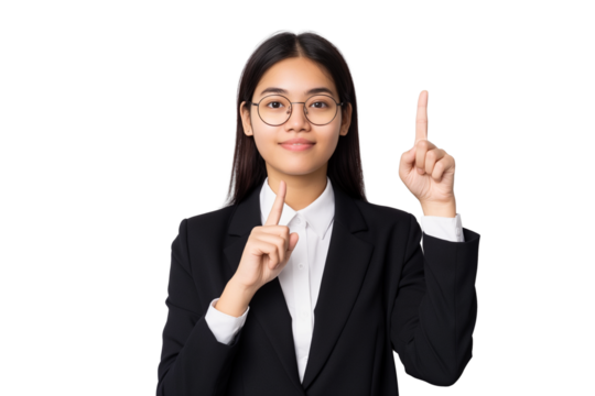 Young South Asian female manager pointing up isolated on transparent white background