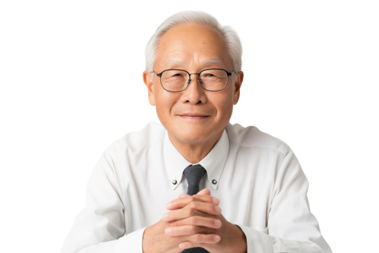 Elderly East Asian male consultant clasping hands isolated on transparent white background