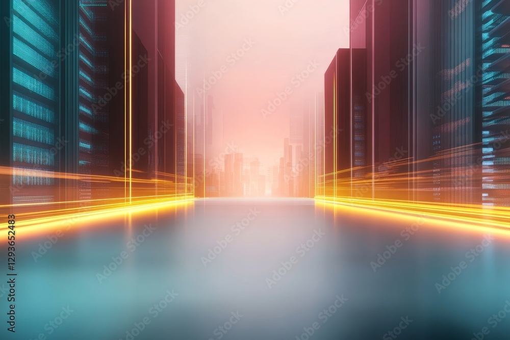 Poster cityscape: data highway - futuristic city street scene with glowing data streams, representing fast 