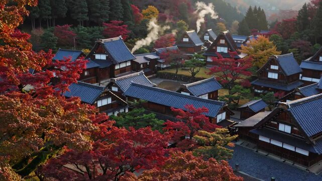 Aerial View of Shirakawa-go in Autumn: A Traditional Japanese Village Amidst Vibrant Foliage