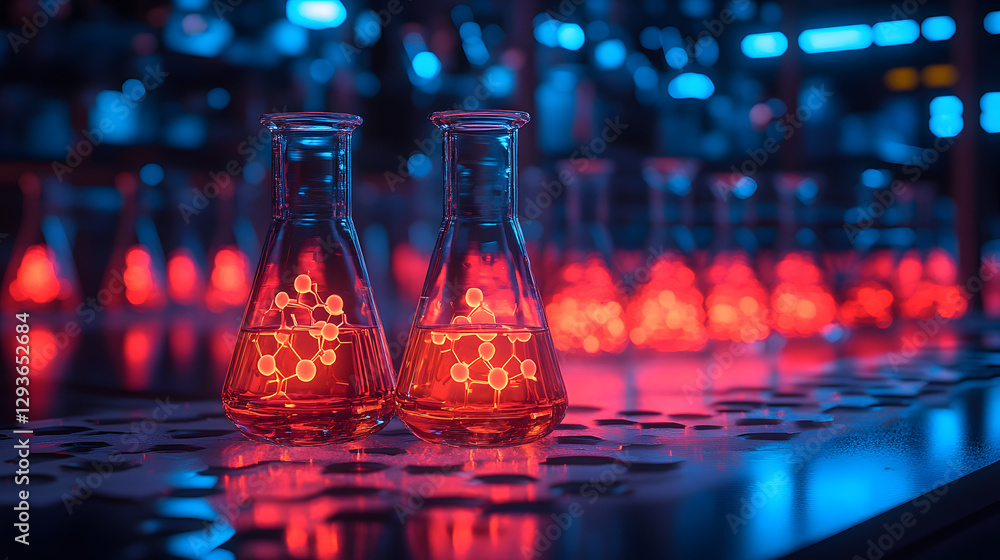 Poster glowing erlenmeyer flasks: two erlenmeyer flasks filled with a glowing red liquid, showcasing intric