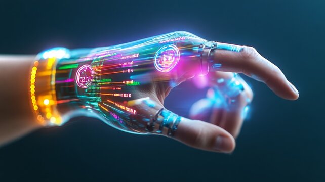 Futuristic robotic hand with glowing digital interface displayin
