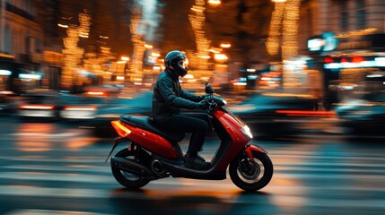 Fototapeta premium A man with a beard rides a vibrant red scooter along an urban street, showcasing a lively city atmosphere filled with movement and energy.