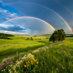 vibrant rainbow arches over scenic green field un