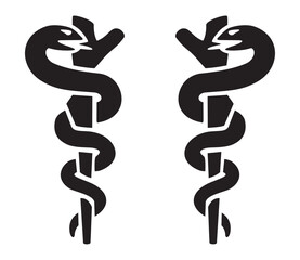 Medical snake black and white vector symbols, caduceus icon isolated on white background
