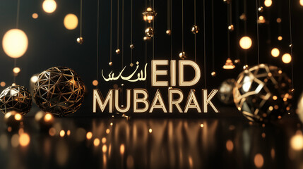 Elegant Eid Mubarak Celebration Gold Design Festive Background Luxury Golden Orbs Hanging Lights Dark Background 3D Render Abstract Geometric Pattern Elegant Style Modern Design Festive Decoration    