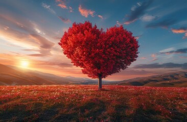 Heart-Shaped Tree at Sunset: A Romantic Landscape