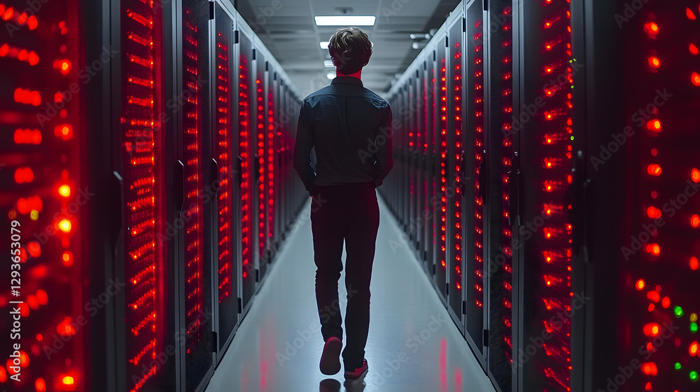 Poster data center sentinel: a solitary figure, observed from behind, navigates a high-tech data center, su