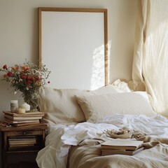A bed with a white comforter and pillows. A vase of flowers sits on the nightstand next to a book