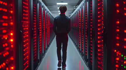 Data Center Sentinel: A solitary figure, observed from behind, navigates a high-tech data center, surrounded by rows of gleaming server racks. The room is illuminated with an intense red glow.